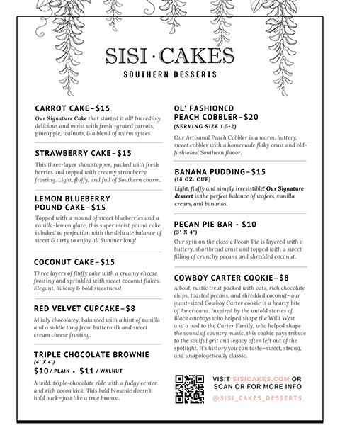 Sisi Cakes menu for the Ojai Wine Festival